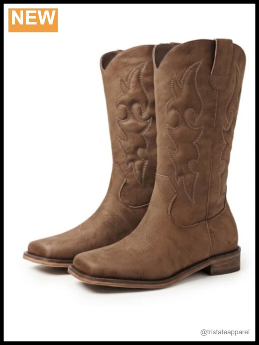 Women's Square Toe Cowboy Boots Mid Calf Western Embroidered Pull On Chunky Heel